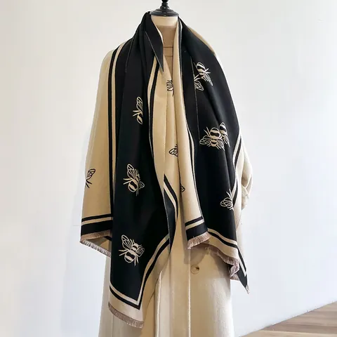 Elegante Bufanda Efecto Cachemira Con Patrón De Abeja Para Mujer Invierno Chal Cálido Con Borlas Suave Mezcla Algodón Poliéster Bufanda Grande