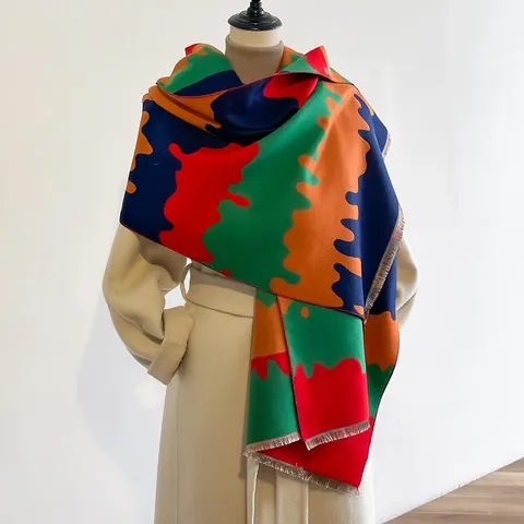 Dames Chique Kleurblok Imitatie Kasjmier Sjaal Grote Zachte Warme Pashmina Kwasten Omslagdoek Herfst Winter Sjaal