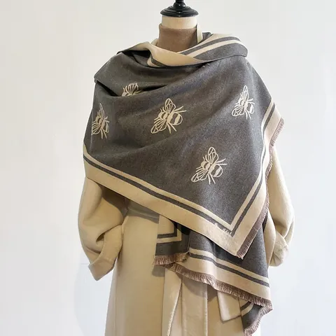 Elegante Bufanda Efecto Cachemira Con Patrón De Abeja Para Mujer Invierno Chal Cálido Con Borlas Suave Mezcla Algodón Poliéster Bufanda Grande