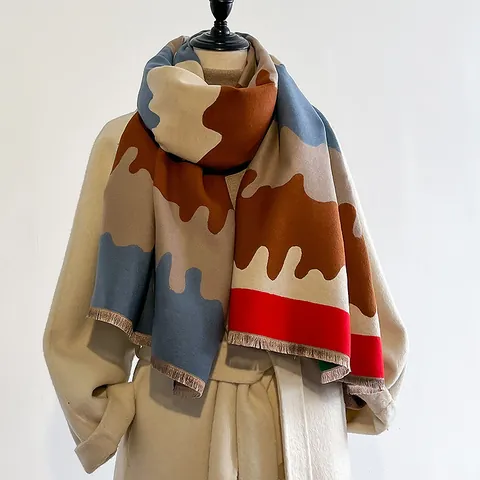 Dames Chique Kleurblok Imitatie Kasjmier Sjaal Grote Zachte Warme Pashmina Kwasten Omslagdoek Herfst Winter Sjaal
