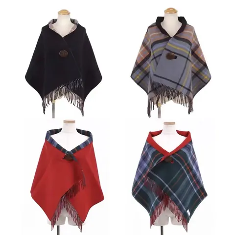 Women Plaid Tassel Poncho Shawl Double Sided Warm Winter Scarf With Button Retro British Style Multicolor Check Imitation Cashmere Wrap