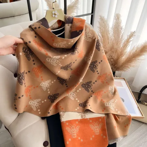 Bufanda de Moda para Mujer con Patrón de Abeja y Colores de Contraste Imitación Cachemira Chal Cálido de Invierno con Borlas