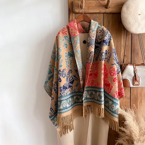 Ethno-Stil Dala-Pferd Pflanzenmuster Quasten Schal Schultertuch Dick Warm Herbst Winter Wrap Für Damen Retro Jacquard Pashmina