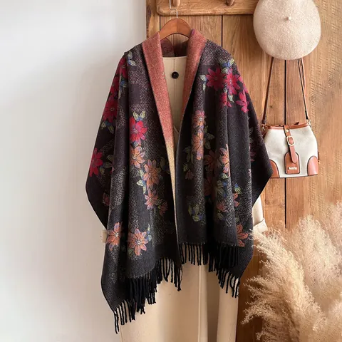 Elegante Sciarpa Scialle Donna Imitazione Cashmere Motivo Jacquard Floreale Fiordaliso Nappine Lungo Caldo Avvolgente Invernale Accessori Abbigliamento