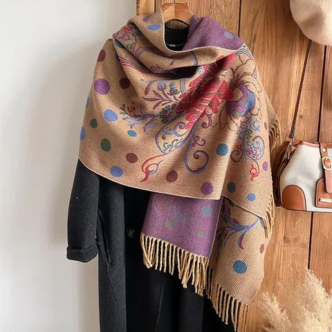 Damen Retro Ethno Floral Pfingstrose Druck Kaschmir Ähnlich Schal Quaste Lang Dick Warm Schultertuch Winter Pashmina