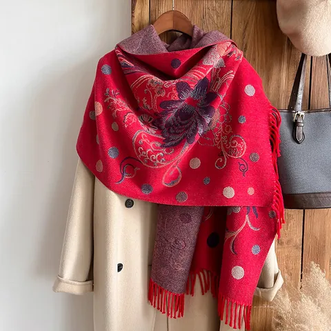 Damen Retro Ethno Floral Pfingstrose Druck Kaschmir Ähnlich Schal Quaste Lang Dick Warm Schultertuch Winter Pashmina
