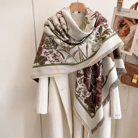 Women Vintage Irises Floral Print Faux Cashmere Scarf Large Square Shawl Elegant Winter Wrap With Tassel Fringe Warm Stole