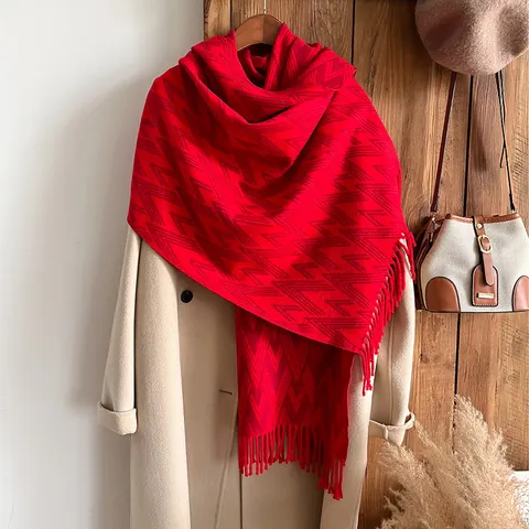 Sciarpa in Imitazione Cashmere con Motivo Geometrico Vintage per Donna Autunno Inverno Calda Sciarpa con Frange Lunghe Morbido Scialle Grande