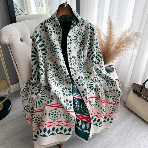 Écharpe d'Hiver Chaude en Imitation Cachemire avec Motif Géométrique de Flocon de Neige Grand Châle Bohème pour Femme