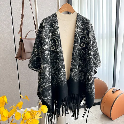 Women Vintage Paisley Poncho Shawl Imitation Cashmere Warm Tassel Fringe Cape Scarf For Winter Autumn Outdoor Daily Travel