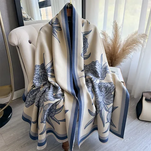 Vintage Floral Thickened Scarf Women Winter Warm Imitation Cashmere Shawl Large Peony Print Wrap With Tassels Elegant Pashmina Wrap