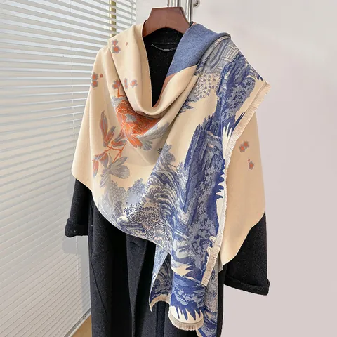 Sciarpa Vintage Stile Cinese con Stampa Paesaggio Peonia Donna Caldo Scialle in Imitazione Cashmere Coperta per Ufficio Outdoor