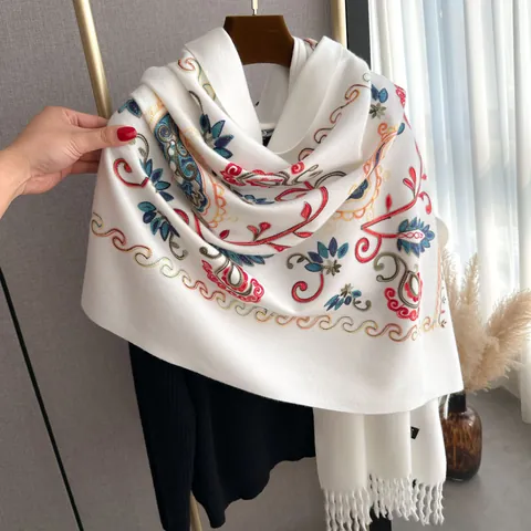 Women's Winter Ethnic Embroidered Scarf Imitation Cashmere Shawl Warm Pashmina With Tassels Floral Paisley Pattern Wrap
