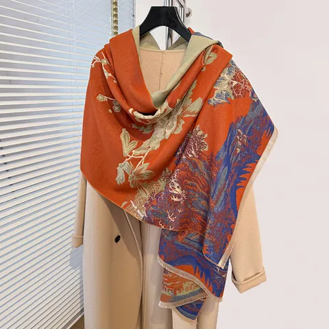 Sciarpa Vintage Stile Cinese con Stampa Paesaggio Peonia Donna Caldo Scialle in Imitazione Cashmere Coperta per Ufficio Outdoor