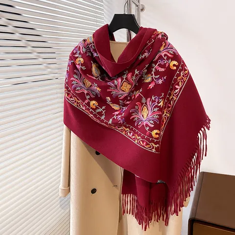 Bufanda de Imitación de Cachemira con Bordado Floral Vintage para Mujer Chal Cálido de Invierno con Borlas Estilo Étnico Mezcla de Algodón Poliéster