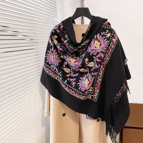 Bufanda de Imitación de Cachemira con Bordado Floral Vintage para Mujer Chal Cálido de Invierno con Borlas Estilo Étnico Mezcla de Algodón Poliéster