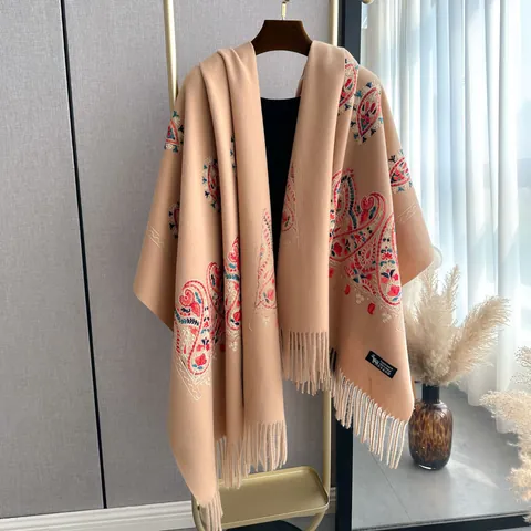 Damen Vintage Ethnisch Paisley Stickerei Schal Winter Warm Kaschmir-ähnlich Stola Mit Quasten Weich Wrap Schal