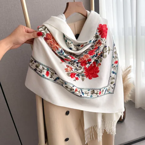 Women's Vintage Ethnic Floral Embroidered Scarf Wrap Imitation Cashmere Thick Warm Winter Shawl With Tassels For Lady Accessory