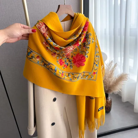 Women's Vintage Ethnic Floral Embroidered Scarf Wrap Imitation Cashmere Thick Warm Winter Shawl With Tassels For Lady Accessory