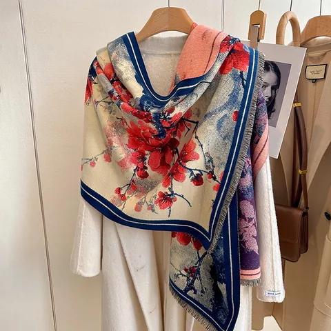 Artistic Vintage Cashmere Like Scarf For Women Floral Scenery Print Shawl With Tassels Thick Warm Winter Wrap Accessories