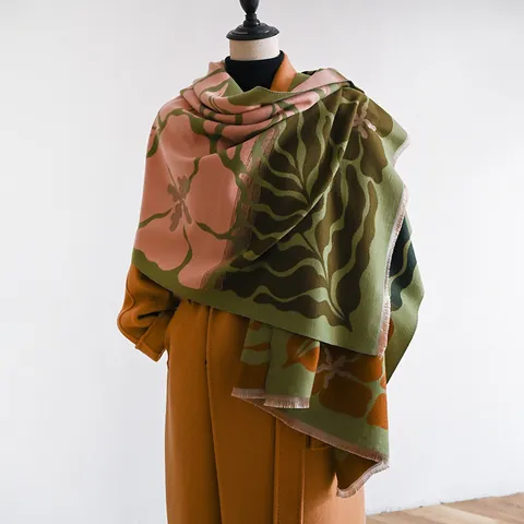 Women's Double Sided Begonia Floral Scarf Winter Warm Pashmina Shawl Wrap Soft Imitation Cashmere Print Fashion Long Scarf