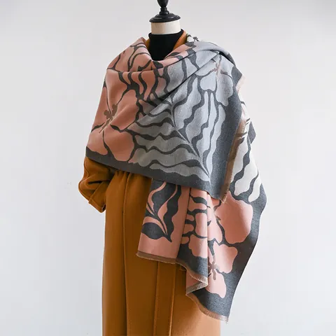 Women's Double Sided Begonia Floral Scarf Winter Warm Pashmina Shawl Wrap Soft Imitation Cashmere Print Fashion Long Scarf
