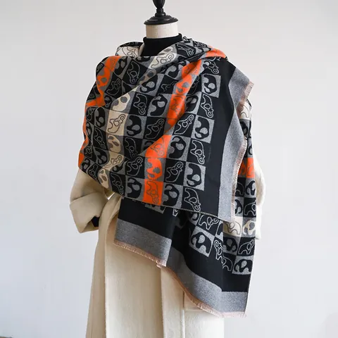Women Double Sided Scarf Large Shawl Cartoon Elephant Print Tassel Warm Winter Imitation Cashmere Wrap For Ladies