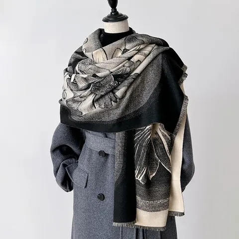 Women's Imitation Cashmere Scarf Large Floral Jacquard Shawl With Tassels Soft Warm Winter Wrap Pashmina Elegant Floral Scarf