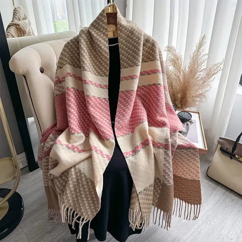 Geruite Kleurblok Hahnentritt Sjaal Voor Dames Heren Winter Warm Imitatie Kasjmier Kwastje Omslagdoek Zacht Gebreid Nekwarmer