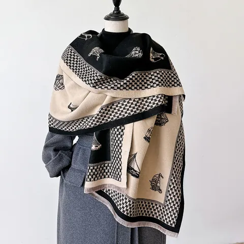 Écharpe Rétro Style Cachemire pour Femmes Voilier Pied-de-poule Châle Chaud Double Face Avec Glands Hiver