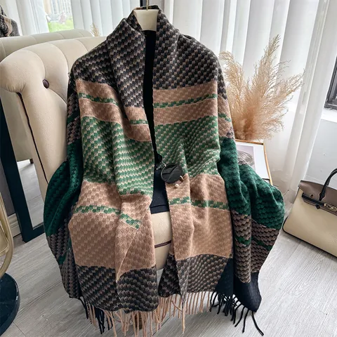 Geruite Kleurblok Hahnentritt Sjaal Voor Dames Heren Winter Warm Imitatie Kasjmier Kwastje Omslagdoek Zacht Gebreid Nekwarmer