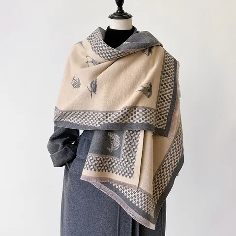 Écharpe Rétro Style Cachemire pour Femmes Voilier Pied-de-poule Châle Chaud Double Face Avec Glands Hiver