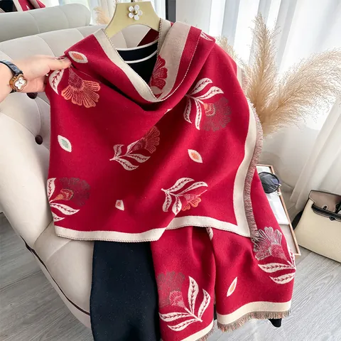 Women Faux Cashmere Scarf Shawl Floral Print Warm Tassel Wrap Elegant Winter Botanical Pattern Accessory Gift For Ladies