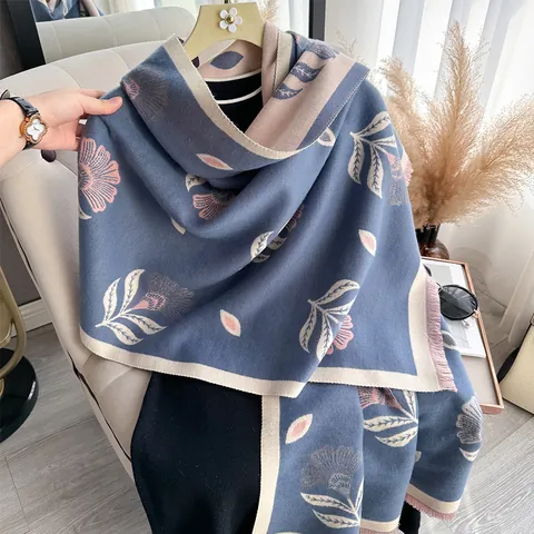 Women Faux Cashmere Scarf Shawl Floral Print Warm Tassel Wrap Elegant Winter Botanical Pattern Accessory Gift For Ladies