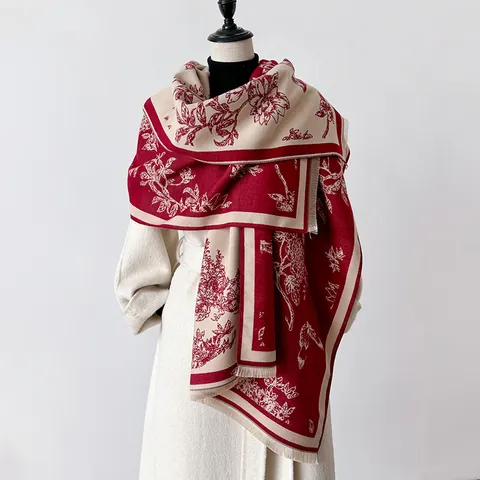 Sciarpa da Donna in Simil Cachemire con Fiori Vintage Scialle Invernale Caldo con Motivo Botanico e Nappe Elegante