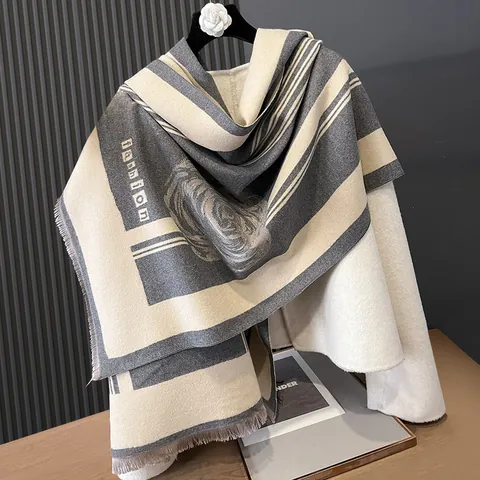 Γυναικείο Χειμερινό Κασκόλ Floral Rose Print Stripes Wrap Πολυεστέρας Βαμβακερό Μείγμα Μεγάλο Ζεστό Σάλι Με Φούντες Μόδα