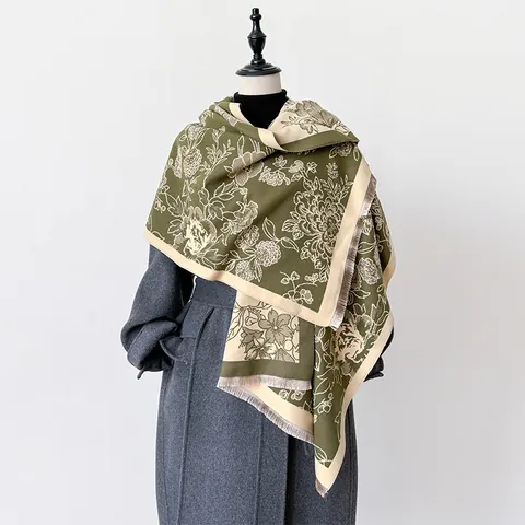 Vintage Floral Jacquard Scarf Double Sided Imitation Cashmere Shawl For Women Winter Warm Tassel Fringe Wrap Large Pashmina
