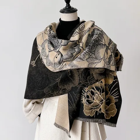 Sciarpa da Donna in Simil Cachemire Vintage Motivo Floreale Peonia Fronte Retro Scialle Caldo Con Nappine Inverno Jacquard
