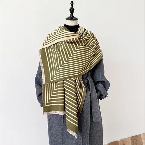 Dames Geometrische Strepen Kleurblok Sjaal Imitatie Kasjmier Winter Warme Omslagdoek Met Kwastjes Zachte Dubbelzijdige Dikke Pashmina