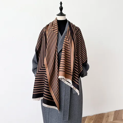 Dames Geometrische Strepen Kleurblok Sjaal Imitatie Kasjmier Winter Warme Omslagdoek Met Kwastjes Zachte Dubbelzijdige Dikke Pashmina
