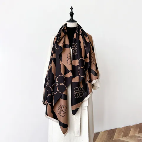 Women's Dual-Sided Imitation Cashmere Scarf Large Geometric Floral Pattern Warm Winter Shawl With Tassel Color Block Wrap