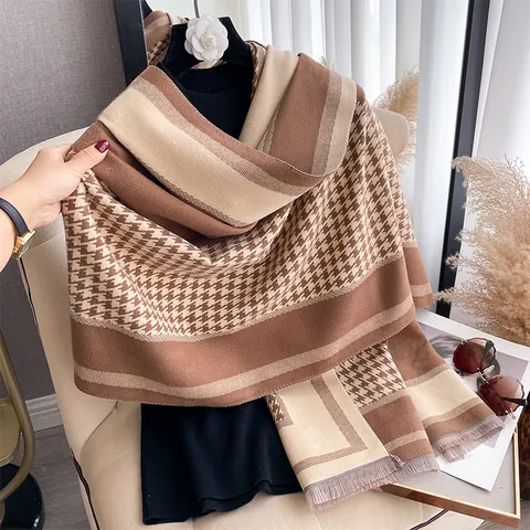 Women's Houndstooth Scarf Thickened Imitation Cashmere Winter Warm Shawl With Tassels Elegant Color Block Fashion Scarf