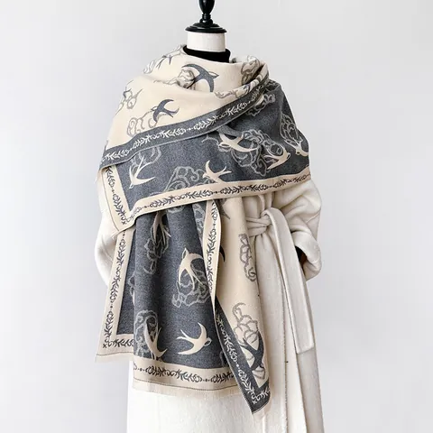 Sciarpa Vintage da Donna Con Motivo a Rondine e Nuvola Jacquard Doppio Lato Imitazione Cashmere Scialle Caldo Con Nappine