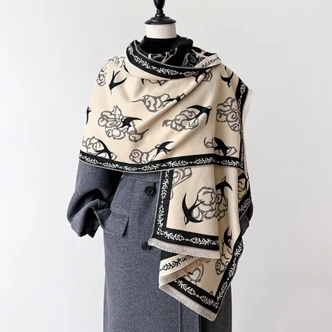 Sciarpa Vintage da Donna Con Motivo a Rondine e Nuvola Jacquard Doppio Lato Imitazione Cashmere Scialle Caldo Con Nappine