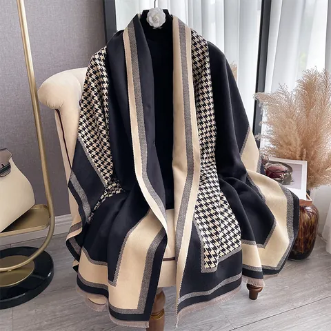 Women's Houndstooth Scarf Thickened Imitation Cashmere Winter Warm Shawl With Tassels Elegant Color Block Fashion Scarf