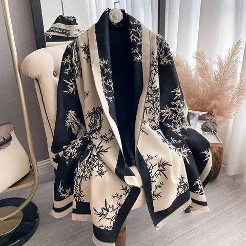 Dames Elegante Imitatie Kasjmier Sjaal Retro Chinese Stijl Bamboe Blad Print Kwastjes Herfst Winter Warme Mode Omslagdoek