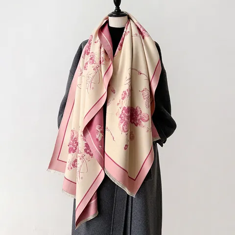 Écharpe Femme Imprimé Floral Papillon Vintage Hiver Chaude Imitation Cachemire Châle Épais Avec Glands Doux Recto Verso