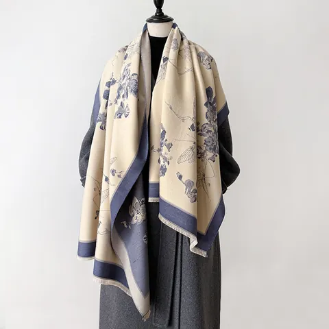 Écharpe Femme Imprimé Floral Papillon Vintage Hiver Chaude Imitation Cachemire Châle Épais Avec Glands Doux Recto Verso