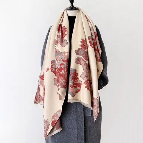 Women Cashmere-like Scarf Wrap Botanical Lotus Print Retro Elegant Fringed Shawl Winter Warm Thick Soft Pashmina Daily Gift