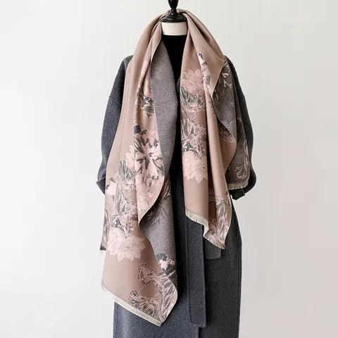 Women Cashmere-like Scarf Wrap Botanical Lotus Print Retro Elegant Fringed Shawl Winter Warm Thick Soft Pashmina Daily Gift